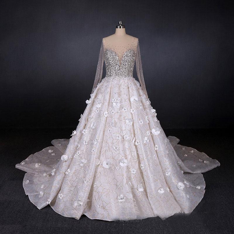 Luxurious Long Sleeves Flowers Ball  Gown Wedding Dress, Bridal Dresses DMQ25