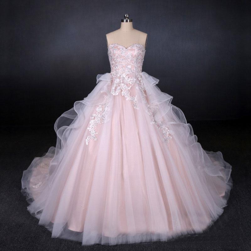 Romantic Pearl Pink Ball Gown Wedding Dress, Sweetheart Appliques Bridal Gown DMQ24