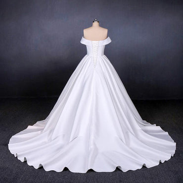 Off the Shoulder White Ball Gown Simple Wedding Dress, Satin Bridal Gown DMQ20