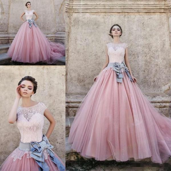 Princess Cap Sleeves Ball Gown Bateau Lace Bow-knot Pink Tulle Wedding Dresses DM563