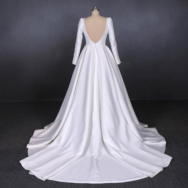 Simple A Line Long Sleeves Satin Wedding Dress, New Arrival White Long Bridal Gown DMQ13