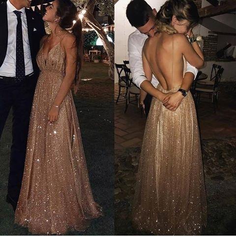 A-line Spaghetti Straps V-neck Sexy Backless Sequins Prom Party Dresses DMF32