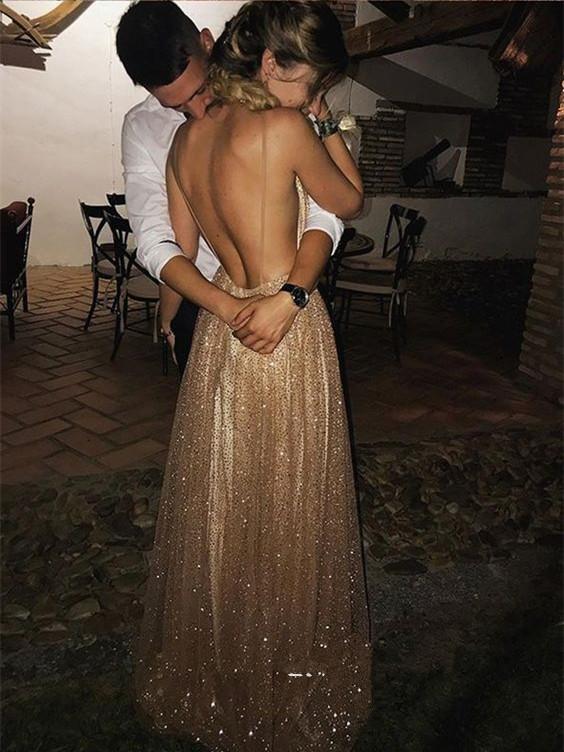 A-line Spaghetti Straps V-neck Sexy Backless Sequins Prom Party Dresses DMF32