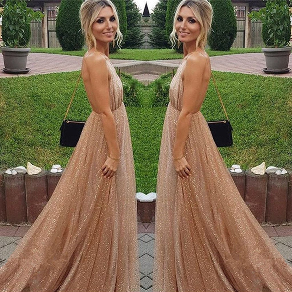 A-line Spaghetti Straps V-neck Sexy Backless Sequins Prom Party Dresses DMF32
