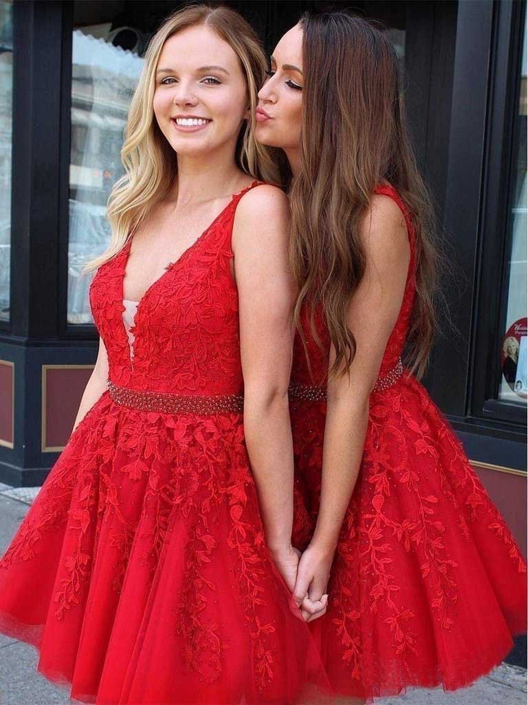 Blue Appliques Beaded Sleeveless A Line Tulle Short Homecoming Dresses DMO78