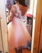 Pink Long Sleeves Lace Tulle Short Backless Homecoming Dress,Graduation Dresses DM334
