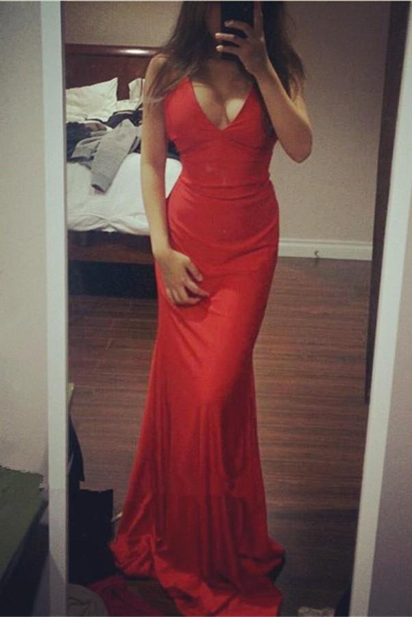 Sexy Red V-neck Simple Cheap Mermaid Long Charming Prom Dresses K721