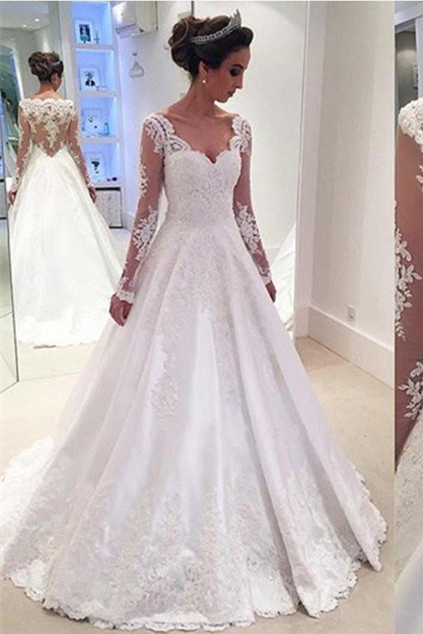 Long Sleeves Lace A-line High Low Long White V-neck Wedding Dresses W31