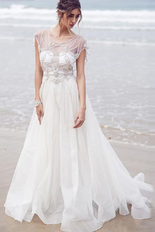 Stunning Beading A Line Round Neck Sexy Long Beach Coast Wedding