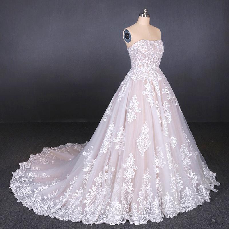 A Line Strapless Lace Appliques Wedding Dress, Cheap Bridal Dresses DMQ16