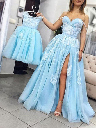 Charming Sweetheart Split Blue Lace Appliques Long Prom Dresses,Pretty Evening Dresses DMG18