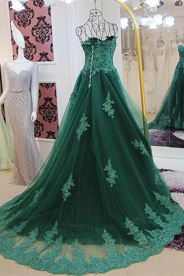 Sweetheart Lace Beading Long Green A-line Modest Prom Dresses K701