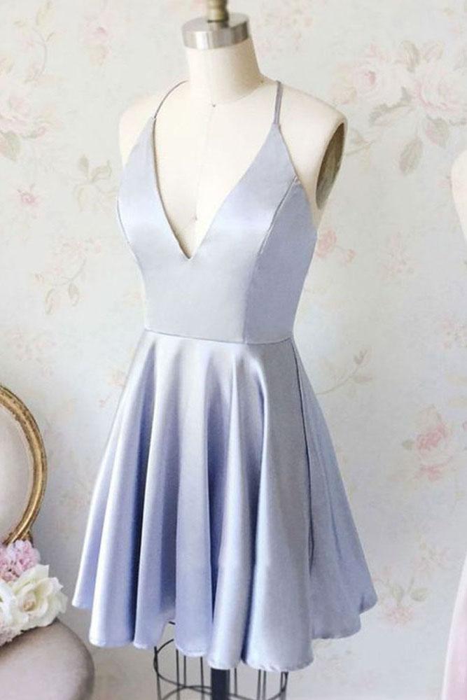 Cute A Line V Neck Satin Short Homecoming Dresses with Pockets DMM70