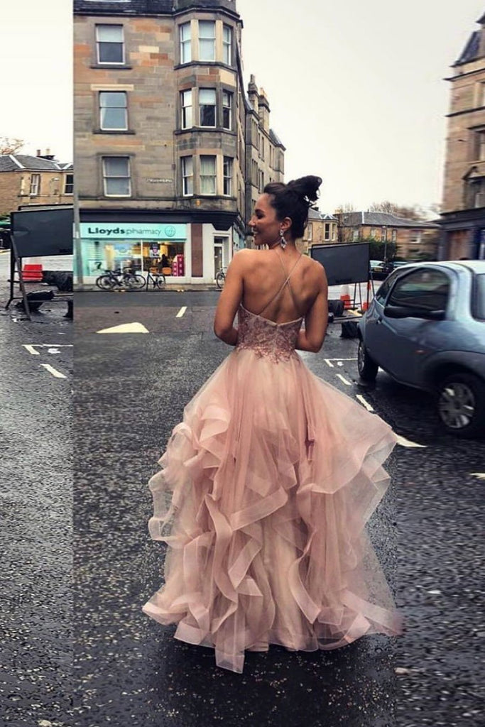 Pink Tulle Lace Appliques Long Prom Dress A Line Evening Gown DMS67