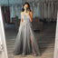 Grey A Line V Neck Long Appliques Tulle Prom Dress DMP66