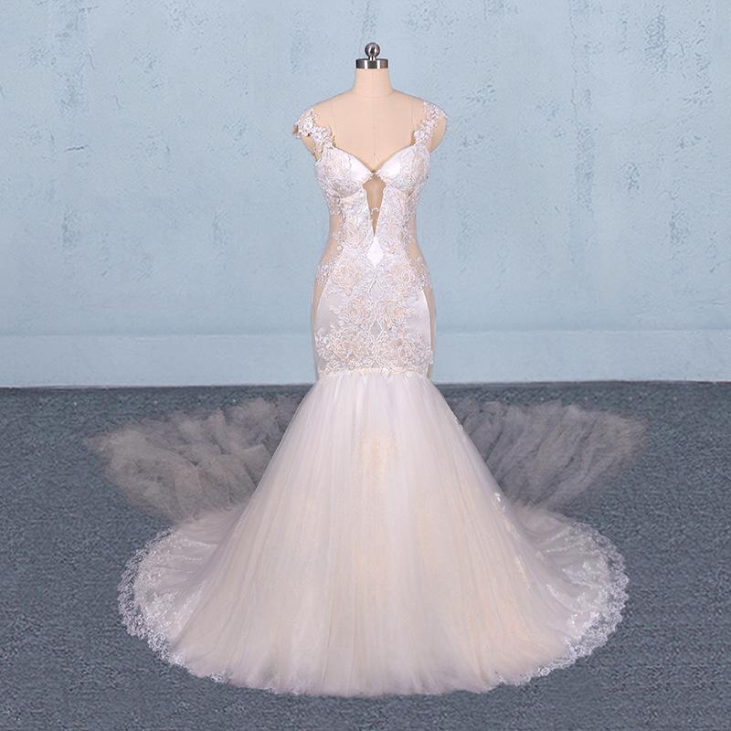 Charming Mermaid Tulle Wedding Dress, Chapel Train Long Bridal Gown DMQ14