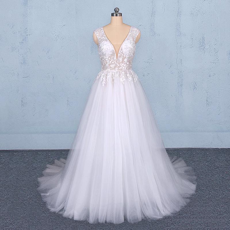 Stunning A Line V Neck Tulle Lace Appliques Wedding Dresses, Bridal Dress DMQ12
