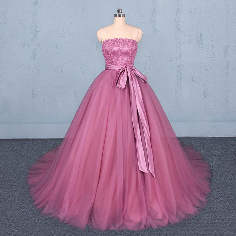 Strapless A Line Tulle Lace Appliques Prom Dresses, Long Formal Dress DMQ22