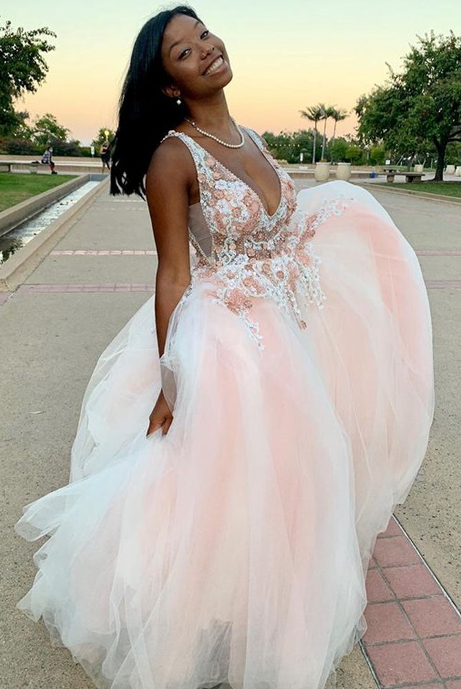 V-neck Tulle Long Prom Dresses with Appliques A Line Beading Formal Dresses DMP090