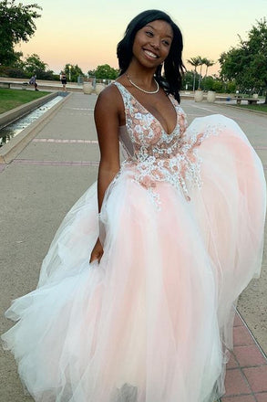 V-neck Tulle Long Prom Dresses with Appliques A Line Beading Formal Dresses DMP090