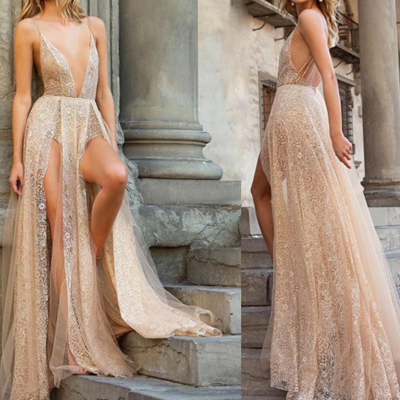 Sexy Lace Spaghetti Straps Backless Long Prom Dress DMP67