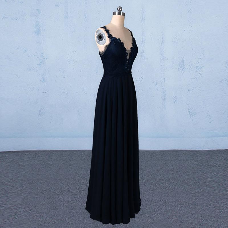 Navy Blue Chiffon V Neck A Line Long Prom Dresses With Lace Top DMQ21