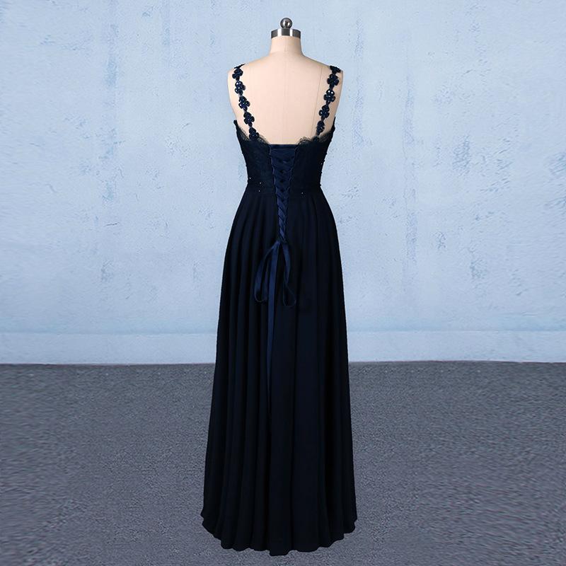 Navy Blue Chiffon V Neck A Line Long Prom Dresses With Lace Top DMQ21