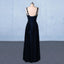 Navy Blue Chiffon V Neck A Line Long Prom Dresses With Lace Top DMQ21