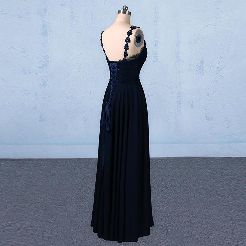 Navy Blue Chiffon V Neck A Line Long Prom Dresses With Lace Top DMQ21