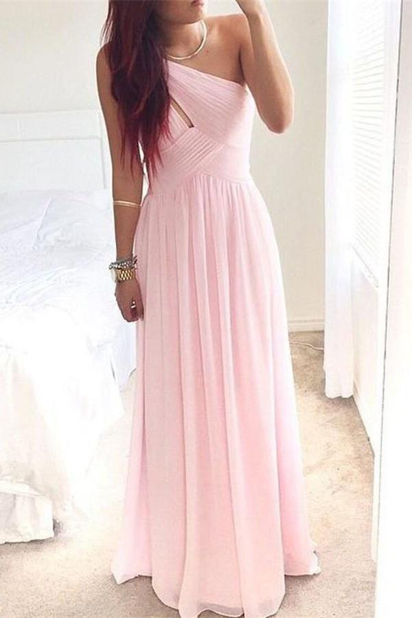 Girly Long Pink Chiffon Floor Length Simple High Low Prom Dresses K722