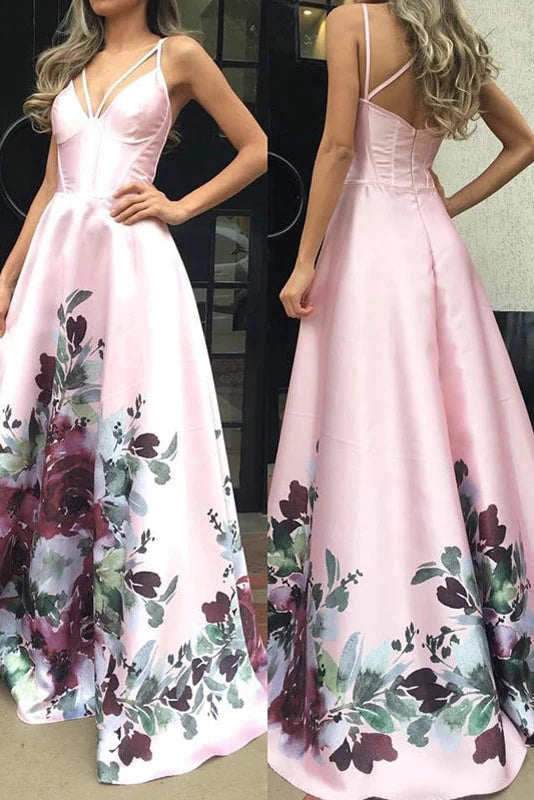 Pink A Line Satin Floral Prints Spaghetti Strap A-Line Prom Dresses DM2000