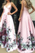 Pink A Line Satin Floral Prints Spaghetti Strap A-Line Prom Dresses DM2000