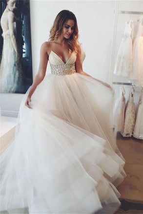 Simple Spaghetti Straps Beaded Long V-neck Tulle Beach Wedding Dresses W34