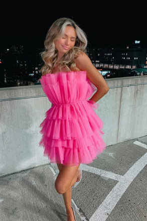 Hot Pink Strapless Tiered Short Homecoming Dresses, Tulle Back to School Dress DMHD10