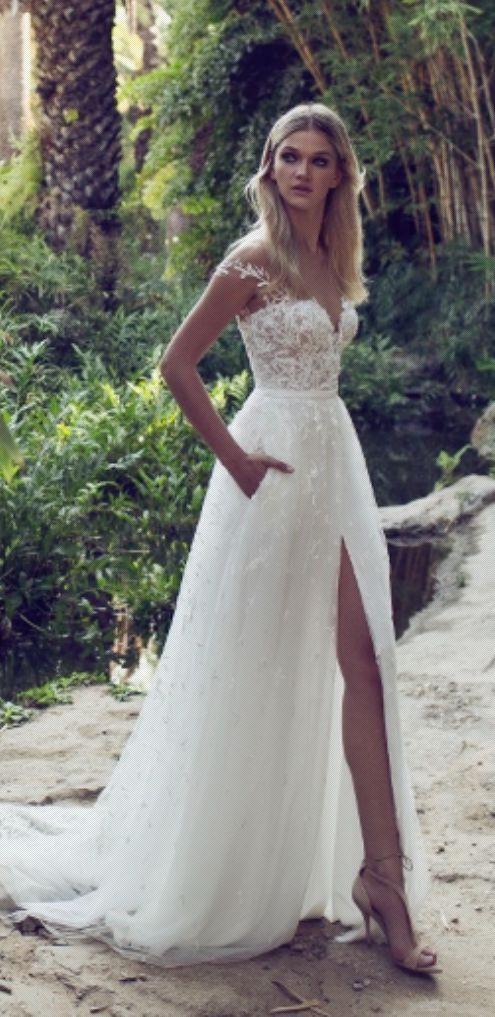 Lace Boho Off the shoulder Cap Sleeves Long Country Slit Wedding Gown, Beach Wedding Dress DM242