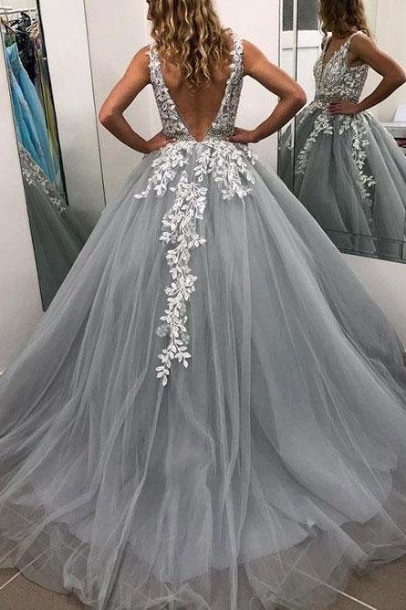 Stunning A Line V Neck Tulle Lace Appliques Long Prom Dress, Formal Evening Dress DM1063