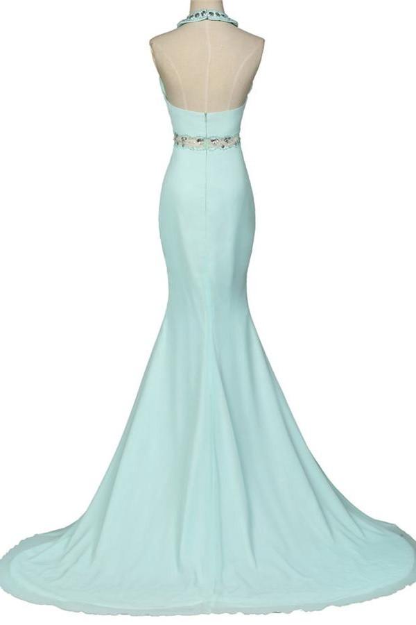 Mint Halter Open Back Long Mermaid Charming Elegant Chiffon Prom Dresses K750