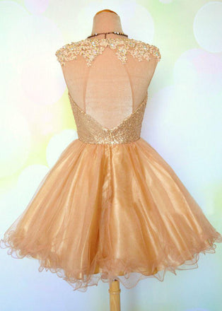 A Line Tulle Gold Bling Open Back Prom Dresses,Unique Short Homecoming Dress DM339