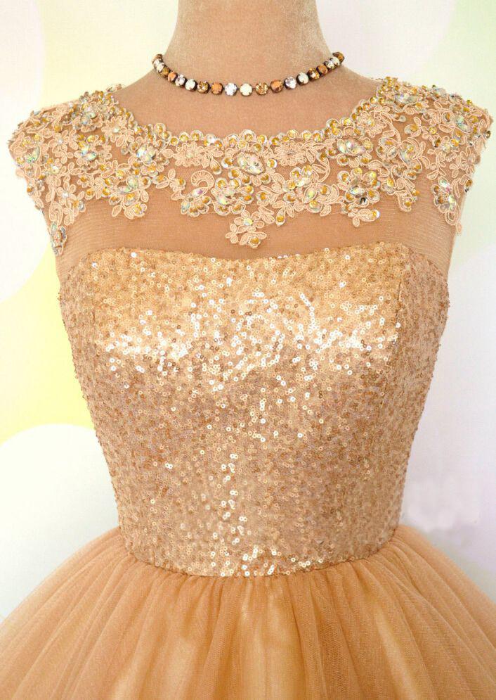 A Line Tulle Gold Bling Open Back Prom Dresses,Unique Short Homecoming Dress DM339