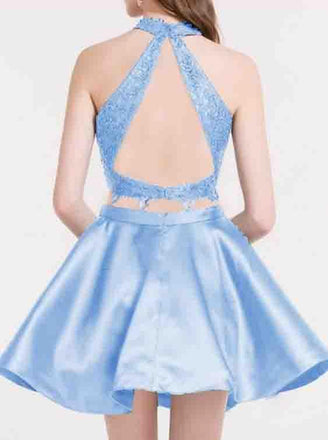 Blue Two Piece High Neck Lace Top Satin Open Back Sleeveless Homecoming Dresses DM370