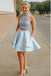 Two Piece High Neck Pockets Satin Short Light Blue Beaded Homecoming Dress DMD31