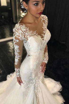 Long Sleeves Mermaid Tulle Sexy Long Ivory Wedding Dresses/Bridal Gown DM198