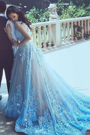 A-Line Blue Sleeveless Tulle Wedding Dress stunning With Chapel Train DM202