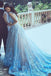 A-Line Blue Sleeveless Tulle Wedding Dress stunning With Chapel Train DM202