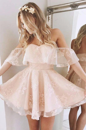 A-Line Off-the-Shoulder Short Homecoming Dress,Pearl Pink Homecoming Dresses DM200