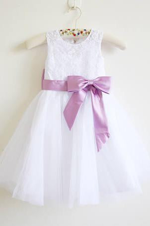 White Lace Baby Girls Dress, Tulle Flower Girl Dresses With Lilac Sash –  Demodresses