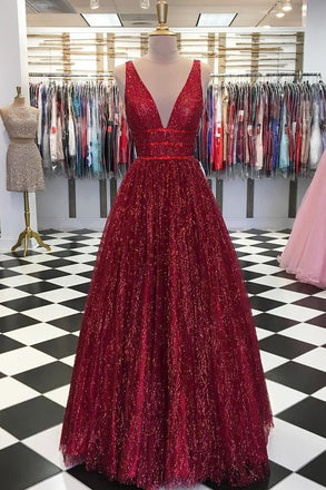 Charming Burgundy V Neck Sleeveless Sequin Prom Dresses A Line Formal Party Dress DMI56
