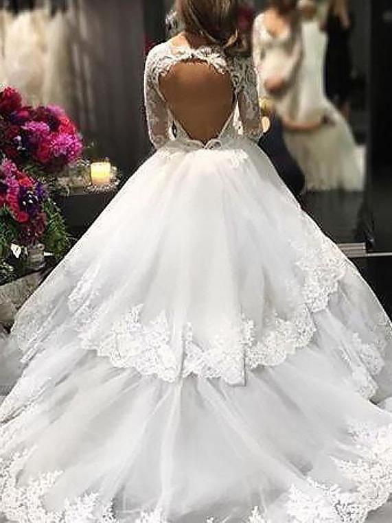 Luxurious Lace Long Sleeves V-neck Layers  Ball Gown Wedding Dresses DMH79