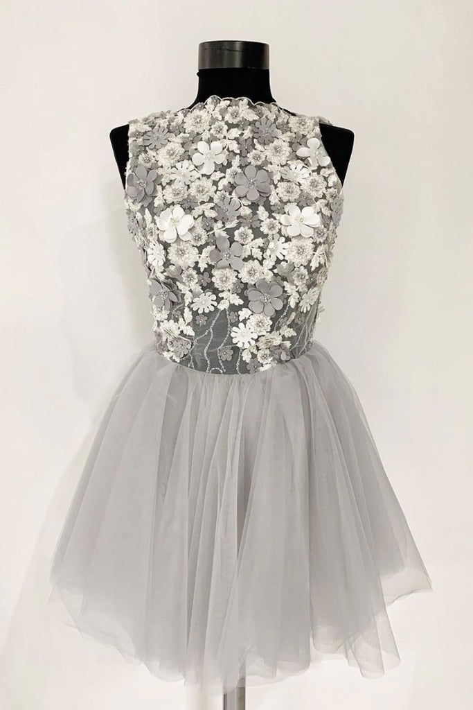 Gray Tulle Lace Short Prom Dress, A Line Flowers Homecoming Dress DMP44