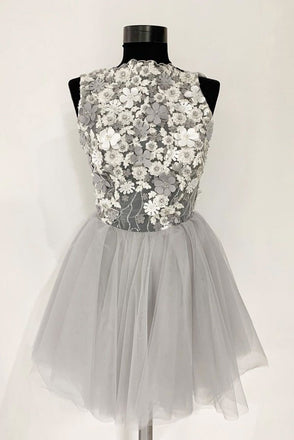 Gray Tulle Lace Short Prom Dress, A Line Flowers Homecoming Dress DMP44